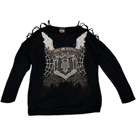 Harley Davidson Motorcycles Studded Spiderweb Cross Top - Picture 1 of 3